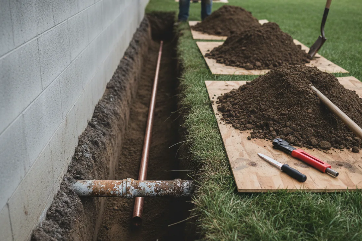 Excavated water line trench during Sewer Line Repair in Rosanky